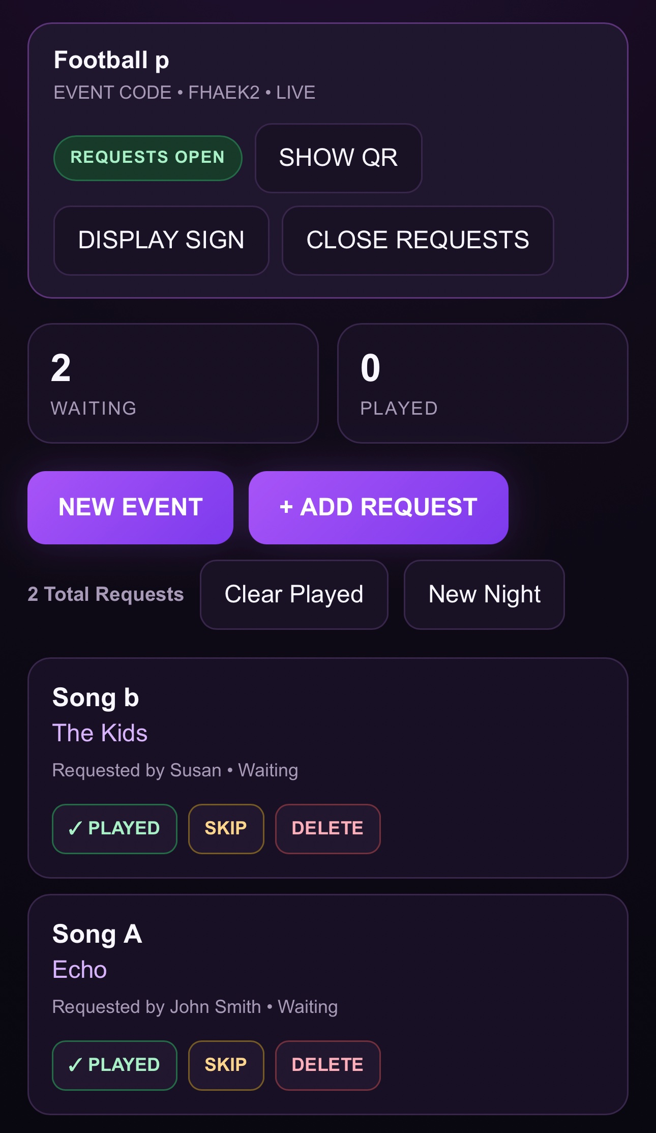 Actual screenshot of the DJ Request Tracker in the DJ Request System: a live request list with song, artist, and requester, orange duplicate badges, and controls to open or close requests, reset the list, copy event info, and change requests